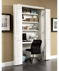 Top Tier Full Access Bi Fold Door Hardware Set Rock Solid Build with white doors featuring an organized closet workspace and shelves.