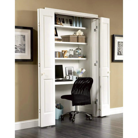 Top Tier Full Access Bi Fold Door Hardware Set Rock Solid Build with white doors featuring an organized closet workspace and shelves.