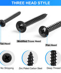 Image of Heavy Duty Black Wood Screws Assortment Kit 485 Piece Self Tapping Set featuring flat, modified truss, and pan heads.