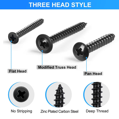 Image of Heavy Duty Black Wood Screws Assortment Kit 485 Piece Self Tapping Set featuring flat, modified truss, and pan heads.