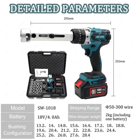 Smooth Adjustable Electric Wire Stripper 18V Battery Powered Cable Peeler With Soft Grip Handle For Easy Stripping Length Control Professional Grade Tool displayed with parameters.