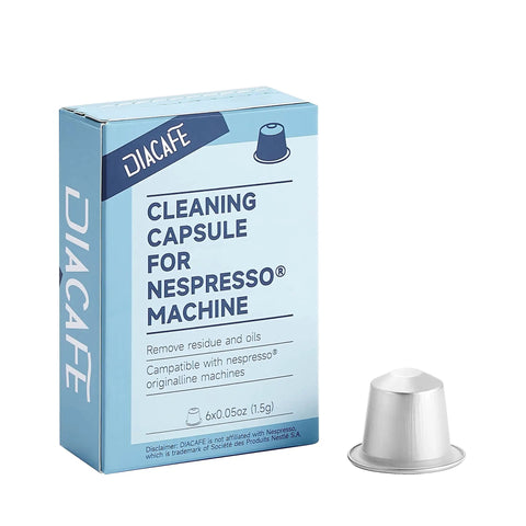 Cleaning Capsule Pods For Nespresso OriginalLine Machines 6 Pack Descaling Pods And Cleaning Solution To Remove Residue And Oils on box with pod