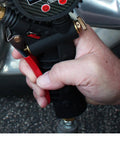 Hand holding Analog Pistol Grip Inflator With Pressure Gauge, 36 Inch Hose, Ball Chuck, assembled in USA, 0-230 PSI