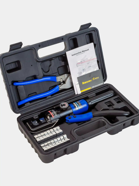 Heavy Duty Hydraulic Crimping Tool And Cable Cutter Set 10 Ton Power Crimper With 12 AWG To 2/0 AWG Range Includes 9 Die Pairs