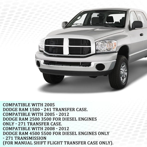 Transfer Case Shifter Linkage Kit With Bushings And Grommet For Dodge Ram 2002 2003 2004 2005 4x4 1500 2500 3500 Replacement Part Numbers 52105555AA And 68078974AA Includes E Clips And Durable Bushing Kit, front view of Ram truck compatibility graphic