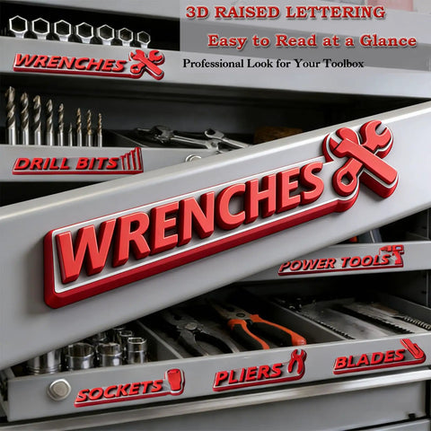 Pro Grade Magnetic Tool Box Labels Kit 12 Pack With Strong Magnets For Metal Tool Chests And Cabinets Reusable 3D Raised Drawer Labels Gray Background With Red Text Perfect Garage Organization showing labeled drawers.