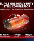 3L Heavy Duty 12V Train Horn Kit air compressor with chrome-plated metal case, showing gauges and connections for loud sound.