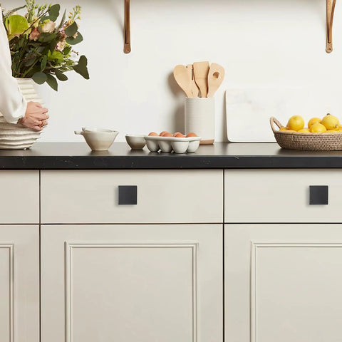 Kitchen cabinets with Matte Black Cabinet Knobs 30 Pack Flat Square Drawer Handles for Cabinets and Drawers Kitchen Cabinet Hardware Upgrade Easy Install No Sweat Durable Metal Pulls for Home Renovation and Office Use