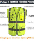 Straight Up Durable High Visibility Reflective Safety Vest With Nine Roomy Pouches Meets Ansi Isea Class 2 Standards For Night Shifts And Construction Jobs Comes In Flawless Neon Yellow Large, showing multi-functional pockets.