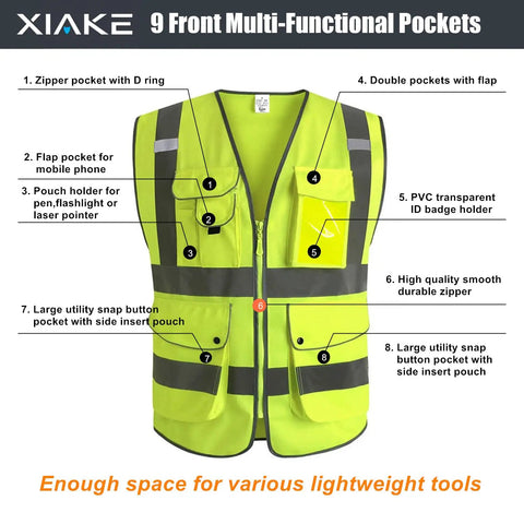 Straight Up Durable High Visibility Reflective Safety Vest With Nine Roomy Pouches Meets Ansi Isea Class 2 Standards For Night Shifts And Construction Jobs Comes In Flawless Neon Yellow Large, showing multi-functional pockets.