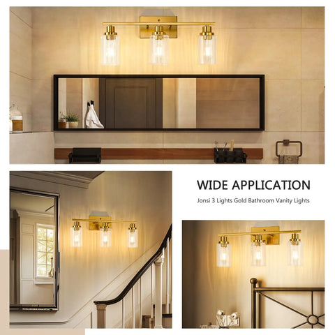 Three Light Brushed Gold Vanity Light With Fluted Glass Shades For Bathroom Modern Gold Over Mirror Fixture Elegant Satin Finish Contemporary Bath Lighting