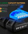 Two 21V lithium-ion batteries for Cordless Electric Pruning Shears For Gardening And Landscaping, Brushless Motor Power, Portable Pruner With Adjustable 1 Inch Cutting Diameter, Perfect For Gardens And Farms, Includes Two Batteries For Quick On The Go Pruning, shown with battery life details.