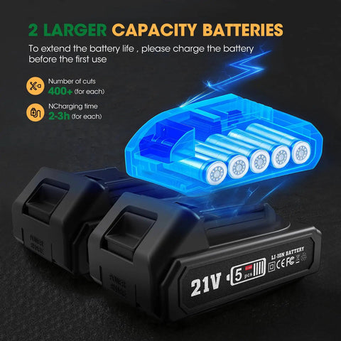 Two 21V lithium-ion batteries for Cordless Electric Pruning Shears For Gardening And Landscaping, Brushless Motor Power, Portable Pruner With Adjustable 1 Inch Cutting Diameter, Perfect For Gardens And Farms, Includes Two Batteries For Quick On The Go Pruning, shown with battery life details.