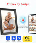 10.1 Inch WiFi Digital Photo Frame With 1280x800 HD IPS Touch Screen Auto Rotate Wall Mountable Easy Setup To Share Moments Instantly From Your Phone Via Wireless App A Perfect Gift For Mom alongside secure privacy badges display
