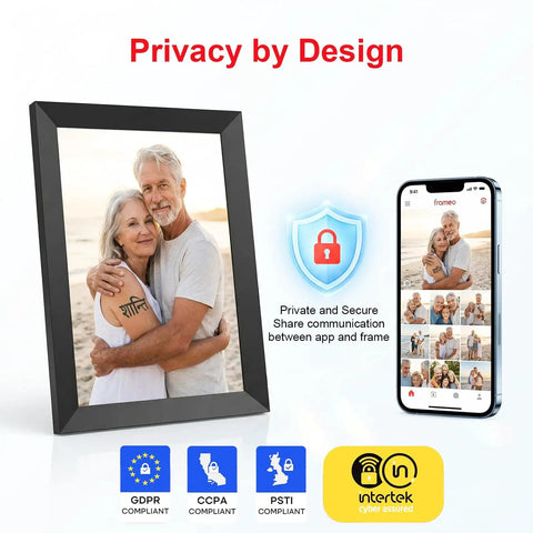 10.1 Inch WiFi Digital Photo Frame With 1280x800 HD IPS Touch Screen Auto Rotate Wall Mountable Easy Setup To Share Moments Instantly From Your Phone Via Wireless App A Perfect Gift For Mom alongside secure privacy badges display