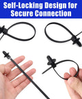 Heavy Kick Butt Christmas Tree Cable Ties Push Mount Auto Zip Ties For Engine Bay Wire Harness Management Straight Up Slick Self Locking Design Rock Solid 6.7 Inch Black 50 Pack shown in self-locking design.