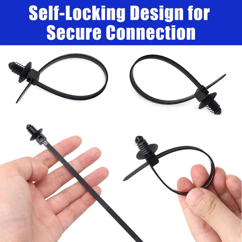Heavy Kick Butt Christmas Tree Cable Ties Push Mount Auto Zip Ties For Engine Bay Wire Harness Management Straight Up Slick Self Locking Design Rock Solid 6.7 Inch Black 50 Pack shown in self-locking design.