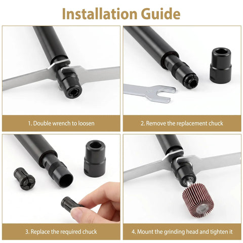 Installation guide for Badass Air Die Grinder With Extended Long Shaft For Tight Squeeze Tasks, showing replacement chuck process.