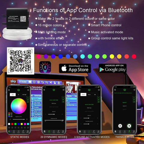 App control features of 20W Dual Head Fiber Optic Lights Kit With RGBW Twinkle Heads, showing remote color modes and sound activation.