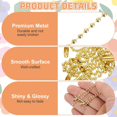 Gold Tone Ball Bead Chain Bulk 3.9 Inch Links For Jewelry Making And Keychains, 120 Pcs Metal Dog Tag Beaded Extension Chains, Durable And Shiny Gold Finish For Your DIY Necklaces And Hanging Decor. Close-up of 3.9-inch gold metal ball bead chains in hand