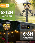 Day and night mode of 3-In-1 Garden Hose Holder With Solar Light And Shepherd Hooks showing light duration and auto settings