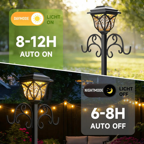 Day and night mode of 3-In-1 Garden Hose Holder With Solar Light And Shepherd Hooks showing light duration and auto settings