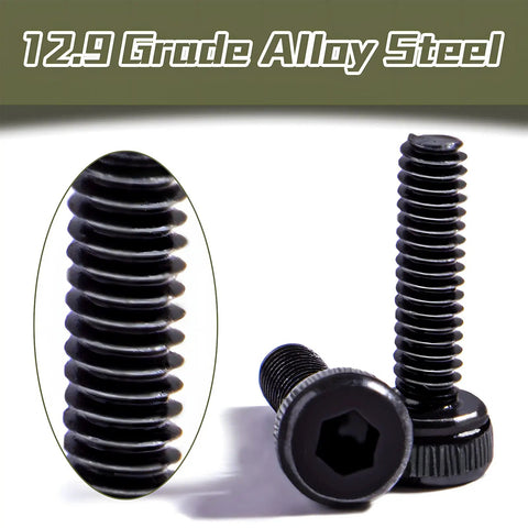 510 Pcs M2 Socket Cap Screws Kit With Nuts, Washers, And Wrench, showing black oxide hex screws, close-up of thread detail, 12.9 grade alloy steel