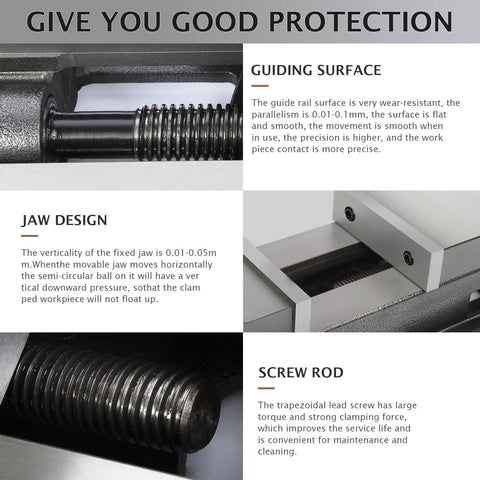 Heavy Duty 5 Inch Vise With 360 Degree Swivel Base For CNC Milling Woodworking And Drill Press, feature details shown