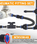 200 Piece Pneumatic Air Hose Push To Connect Quick Release Fittings Set With Straight Unions Elbows Tees Y Splitters Valves And Caps Comprehensive Connector Assortment Kit, 360° rotation lock
