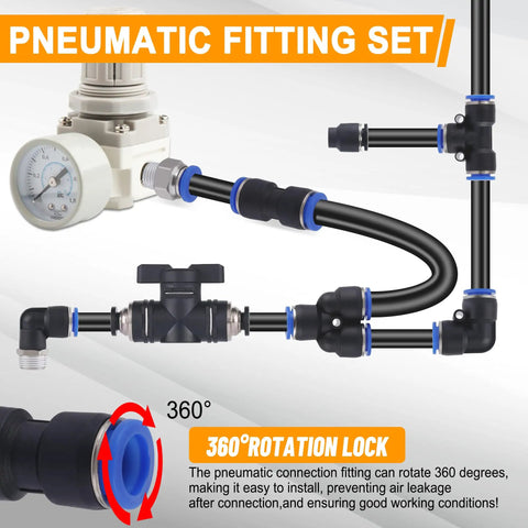 200 Piece Pneumatic Air Hose Push To Connect Quick Release Fittings Set With Straight Unions Elbows Tees Y Splitters Valves And Caps Comprehensive Connector Assortment Kit, 360° rotation lock