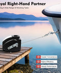 Heavy Duty Electric Winch 6000 Lbs Pulling Power For Trailers And Trucks With 12V 300W Motor, mounted on a dock with a boat.