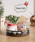 9 Inch Lazy Susan Turntable Organizer with holiday decor, candies, and gifts on wooden base, perfect for kitchen and countertop use.