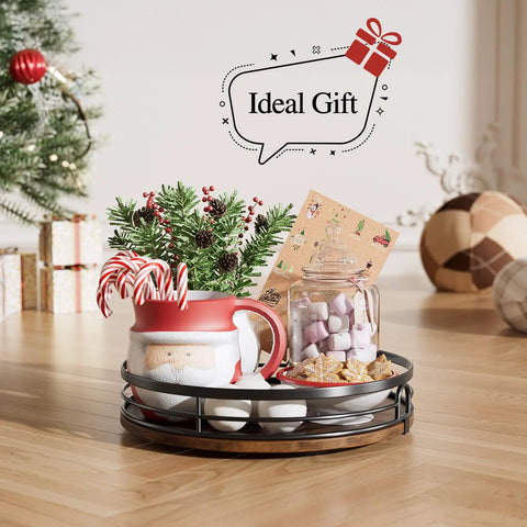 9 Inch Lazy Susan Turntable Organizer with holiday decor, candies, and gifts on wooden base, perfect for kitchen and countertop use.