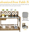 Garden Potting Bench With Metal Tabletop And Drawer Outdoor Potting Table Workstation With Storage Shelf And Open Shelf Fir Wood Potting Station With Lattice Back And Raised Edges For Tools showing galvanized top and lattice back.