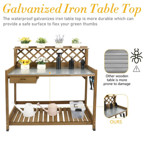 Garden Potting Bench With Metal Tabletop And Drawer Outdoor Potting Table Workstation With Storage Shelf And Open Shelf Fir Wood Potting Station With Lattice Back And Raised Edges For Tools showing galvanized top and lattice back.