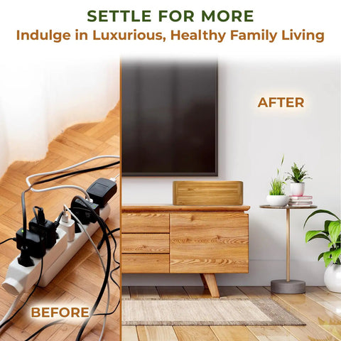 Natural Bamboo Cable Box For Home And Office Hide Power Strips And Cables Keep Surges Safe And Cords Under Control With A Boss Level Wood Cable Organizer For TVs Desks And Entertainment Centers showing before and after tidy setup on TV stand.