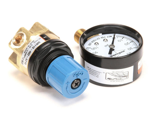 Water Regulator Assembly For Commercial Oven 51128, brass unit with blue adjustment cap and gauge