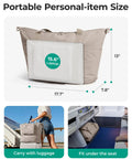 Foldable 37L Travel Bag That Expands Into A Spacious Weekender For Women, Lightweight Under Seat Airline Approved Personal Item, Water Resistant Carry On Bag In Black shown with laptop inside and dimensions.