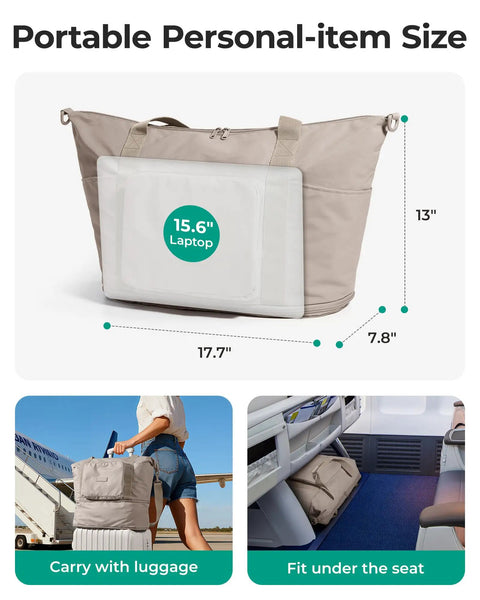 Foldable 37L Travel Bag That Expands Into A Spacious Weekender For Women, Lightweight Under Seat Airline Approved Personal Item, Water Resistant Carry On Bag In Black shown with laptop inside and dimensions.