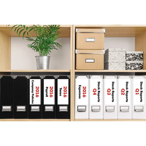 Ultra Fast Network Label Printer With Bluetooth And Ethernet Wireless Connectivity Slick Monochrome Printing Up To One Hundred Ten Labels Per Minute on an organized shelf with labeled file folders.