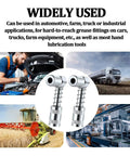 90 Degree Grease Coupler Adapter 2 Pack For Tight Spaces Right Angle Grease Gun Fittings displayed with automotive and industrial images.