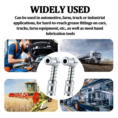 90 Degree Grease Coupler Adapter 2 Pack For Tight Spaces Right Angle Grease Gun Fittings displayed with automotive and industrial images.