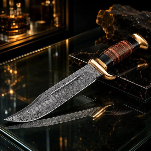 Damascus Steel Bowie Knife With Full Tang Fixed Blade For Tactical Hunting And Camping, Beast Of A Blade With Razor Sharp Edge And Durable Performance, Premium Leather Sheath Included, shown with handle details