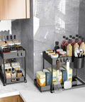 Under Sink Organizer No Brainer With Pull Out Drawer Two Tier Cabinet Storage For Kitchen And Bathroom, black, filled with kitchen supplies
