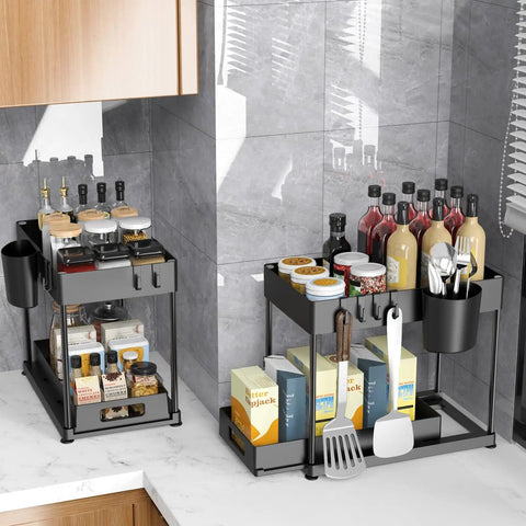 Under Sink Organizer No Brainer With Pull Out Drawer Two Tier Cabinet Storage For Kitchen And Bathroom, black, filled with kitchen supplies