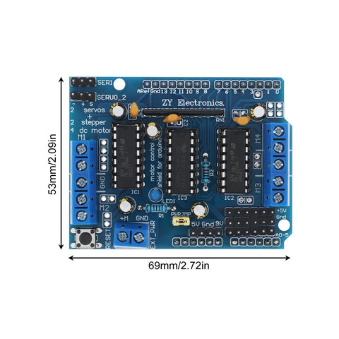 Top view of 4 Way L293D DC Motor Driver Shield for Arduino Uno Mega Raspberry Pi, with dimensions labeled