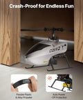 Easy Start RC Helicopter For Beginners With Gyro 2.4GHz Remote showcasing crash-proof flexible plastic, alloy propeller.