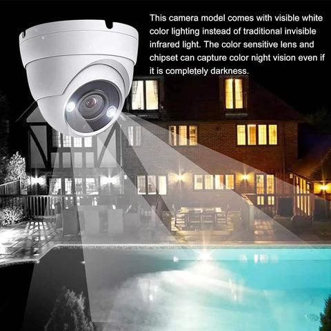 5MP Full Color Night Vision Dome Security Camera With Visible White LED Lights Outdoor Metal Housing Built Tough For 65ft Night Vision 2.8mm Wide Viewing Angle TVI CVI AHD Compatible Works With 5MP And 8MP DVR Only installed above pool area at night