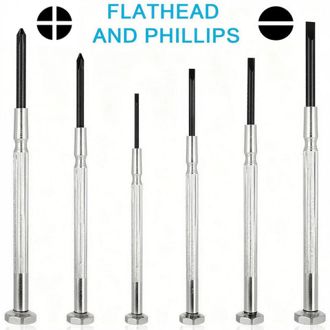Grab And Go Compact Six Piece Mini Screwdriver Set with PH0 PH1 Phillips Bits and Flathead Sizes for Quick Jewelry Repairs