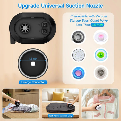 Amazon cordless vacuum pump for storage bags; black handheld, rechargeable 3600mAh with universal nozzle attachments.